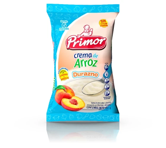 PRIMOR CREMA ARROZ DURAZNO 450 G (BOLSA) x 16 Uds.